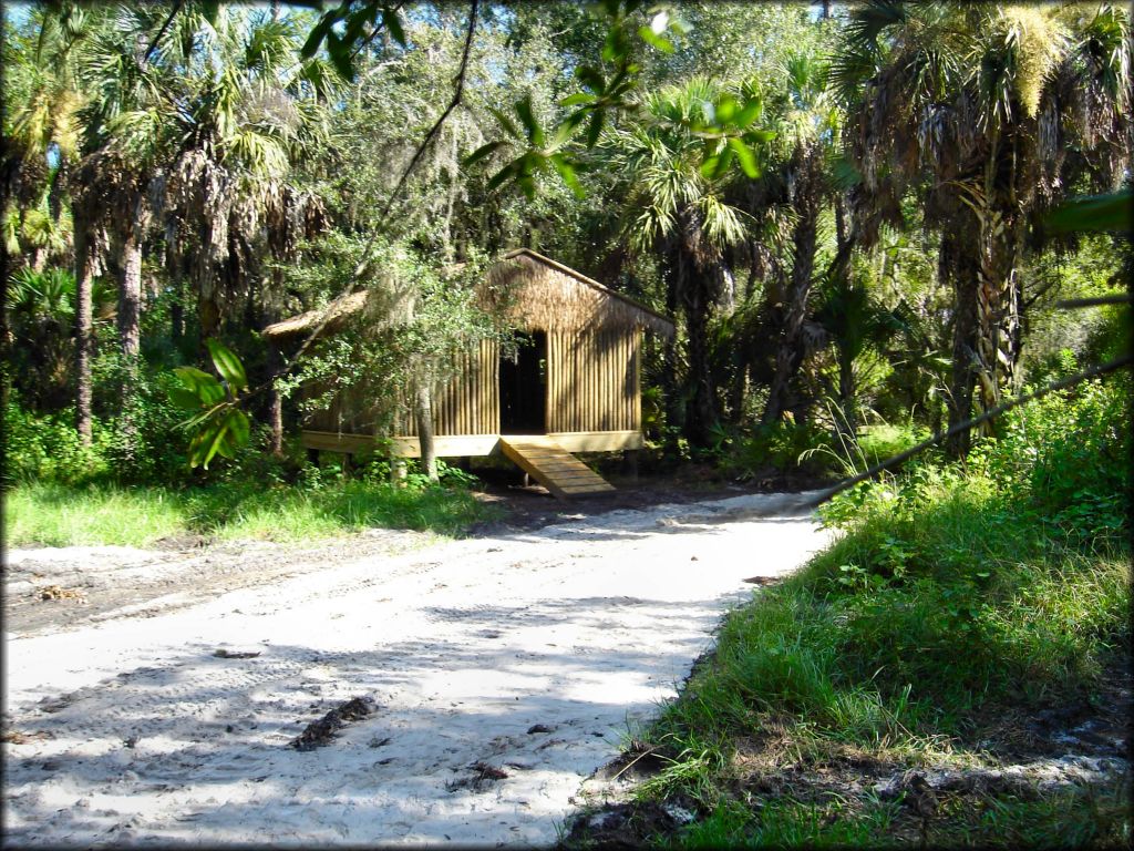 Tiki hut in the center of themed paintball course.