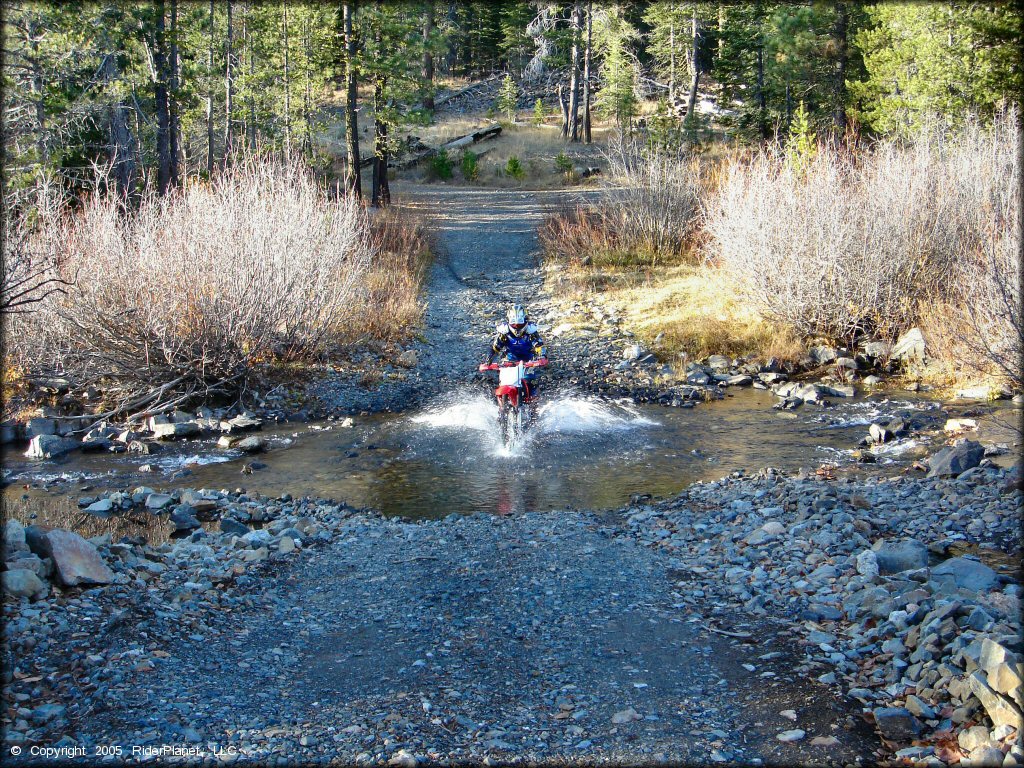 Honda CRF Motorcycle traversing the water at Jackson Meadows Trail