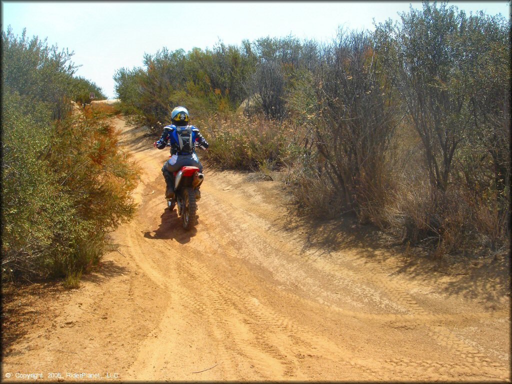 Woman wearing Acerbis riding gear with CamelBak on Honda CRF150F riding up ATV trail.