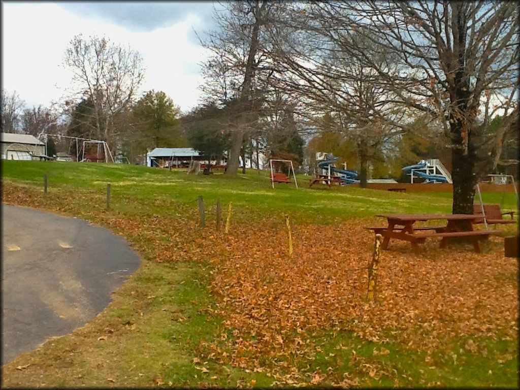 View of campground with picnic tables, porch swings and water slide.