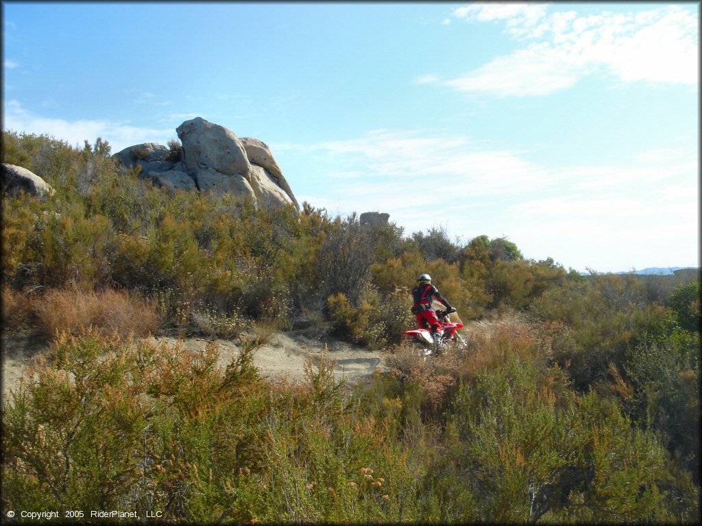 Man on Honda CRF250X riding section of sandy ATV trail.