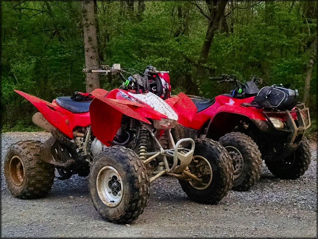 Honda TRX parked next to a Honda FourTrax Recon with gloves and helmets.