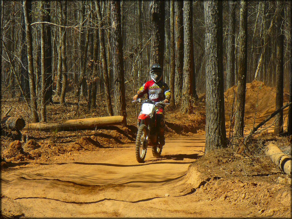 Young man wearing Rockstar motocross gear riding Honda dirt bike down ATV trail in the woods.