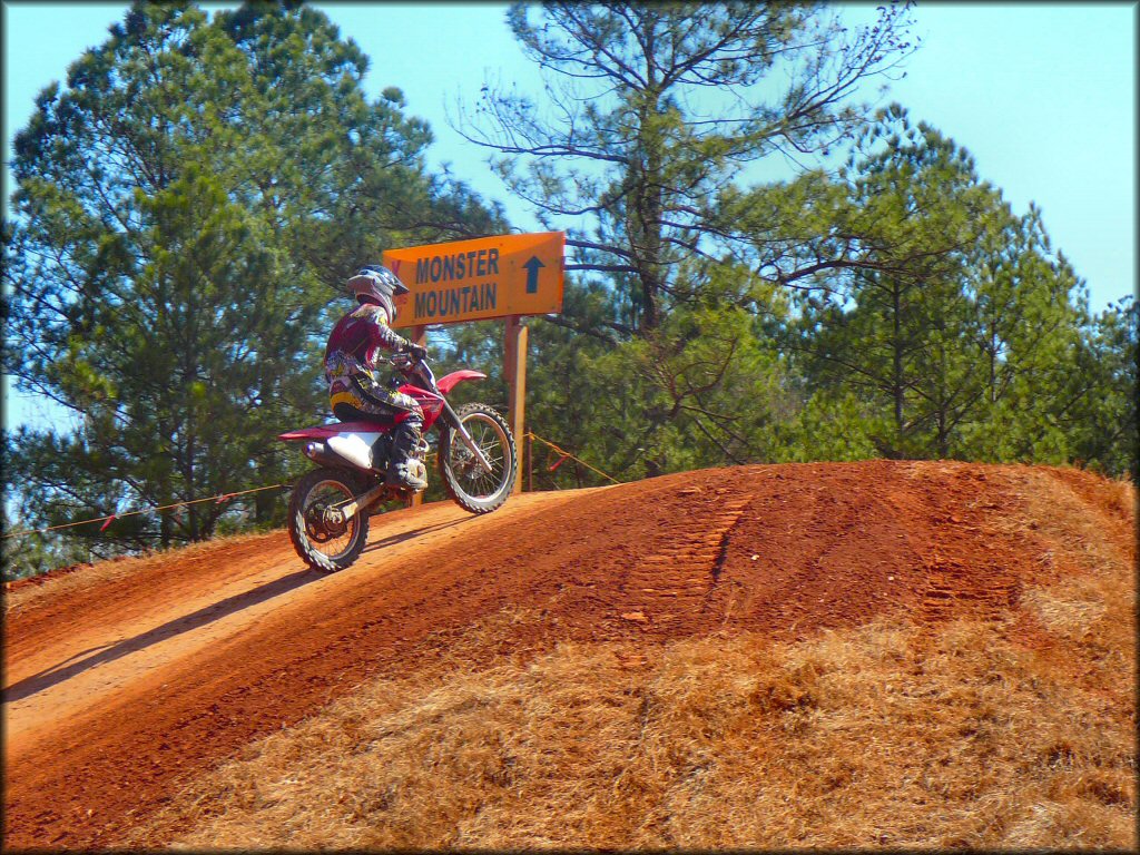 Honda dirt bike going up small hill on motocross track.