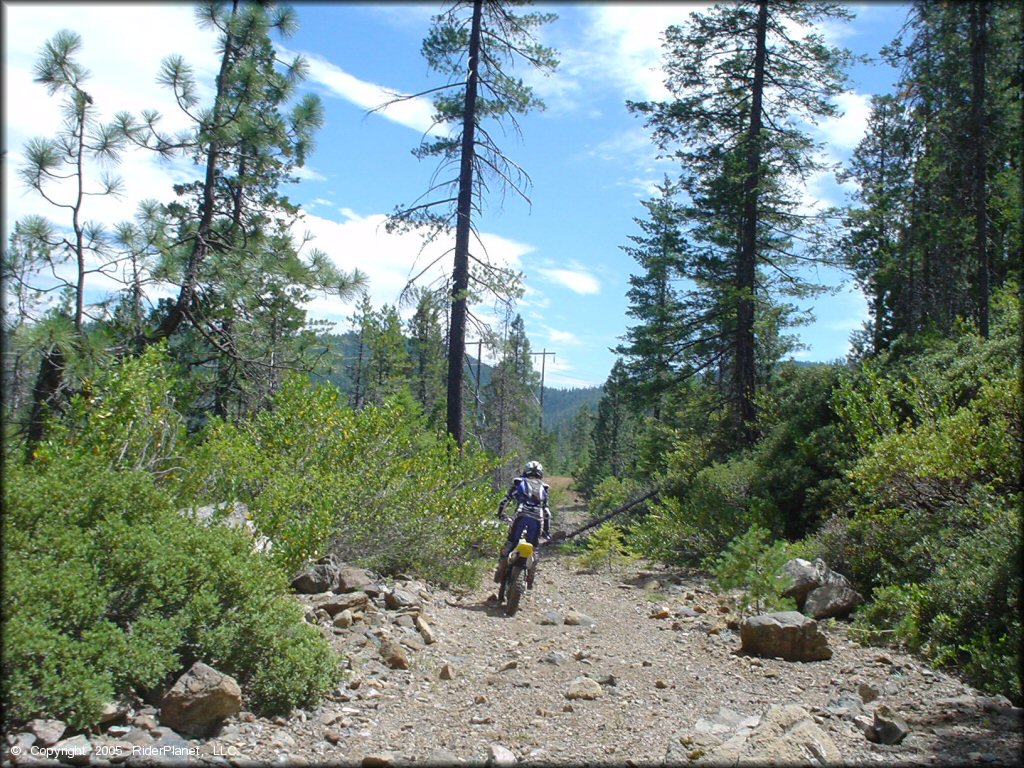 Suzuki RM100 dirt bike riding down rocky 4x4 trail.