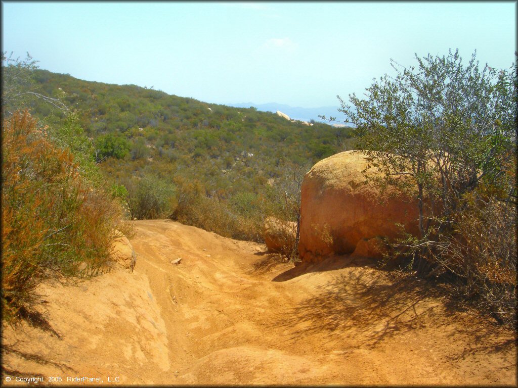 A scenic portion of a rugged 4x4 trail surrounded by scrub brush and a large boulder.