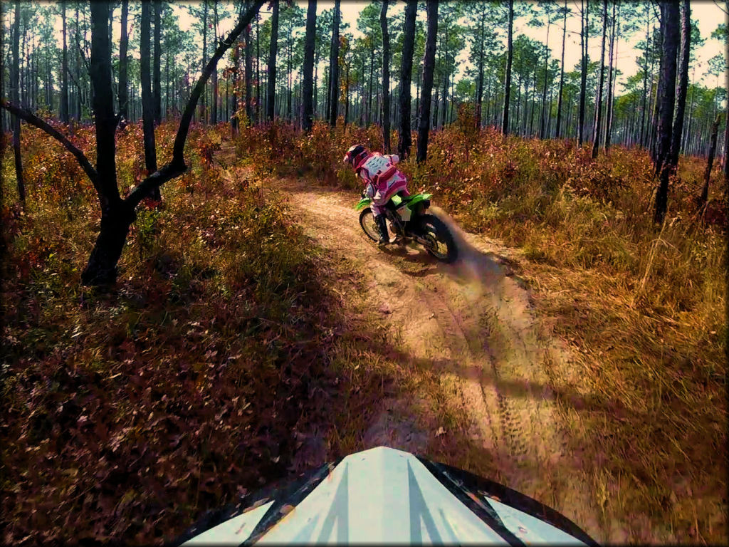 Kawasaki dirt bike rider on the trail.