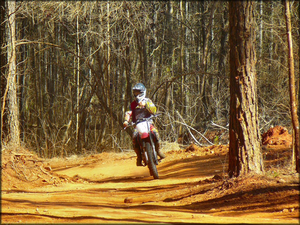 Young man wearing Rockstar motocross gear riding Honda dirt bike navigating smooth ATV trail in the woods.