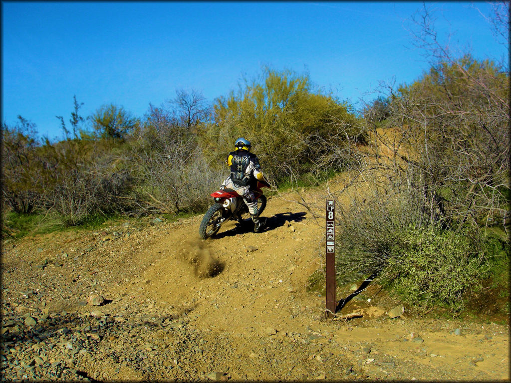 Man riding on Honda CRF250X dirt bike going up small hill.