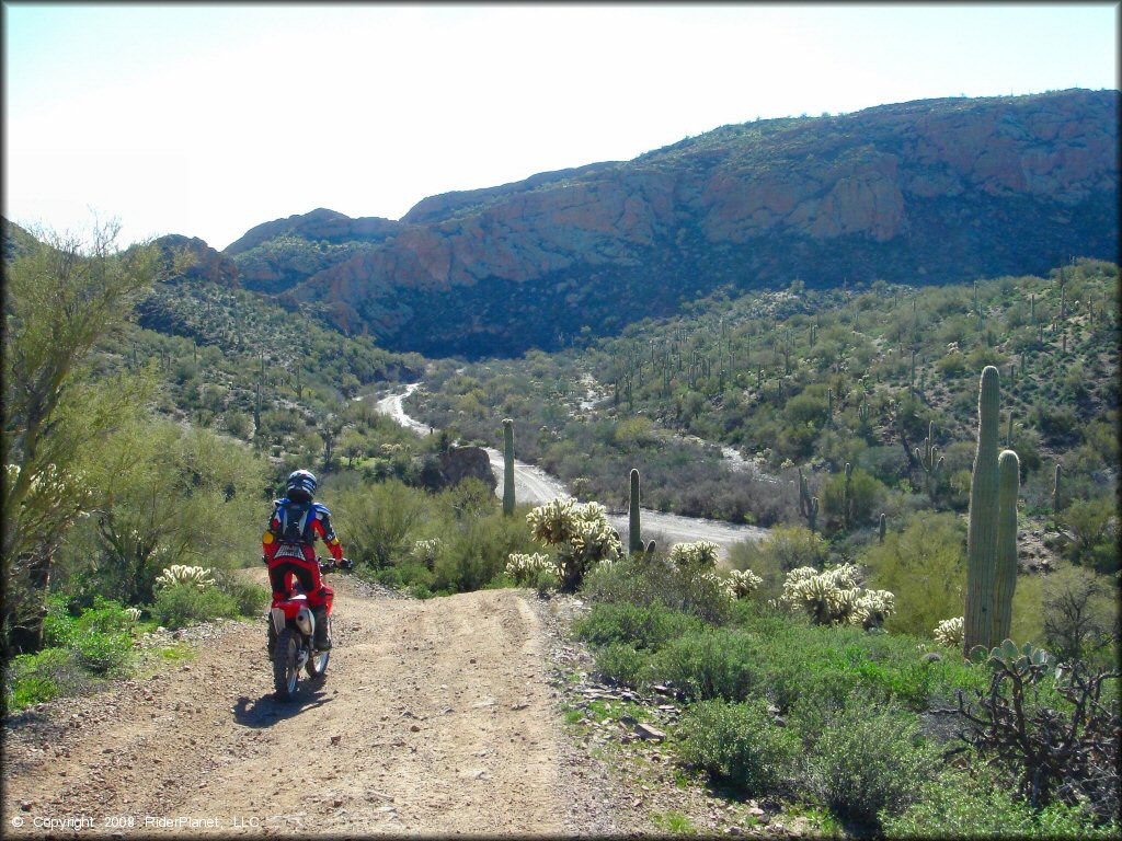 Young woman riding CRF-150R dirt bike on rocky 4x4 trail through the Sonoran Desert.