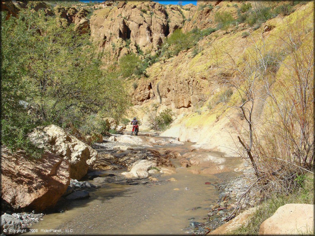 Shallow stream with gravel and large rocks.